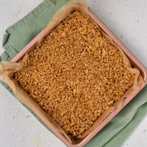 Healthy Puffed Rice Bar base in a pan.