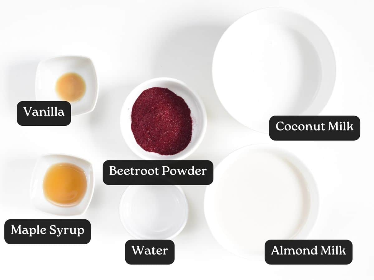 Ingredients for Beetroot Latte in bowls and ramekins.