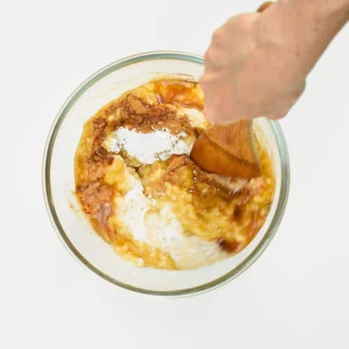 Combining ingredients for Chickpea Flour Banana Bread