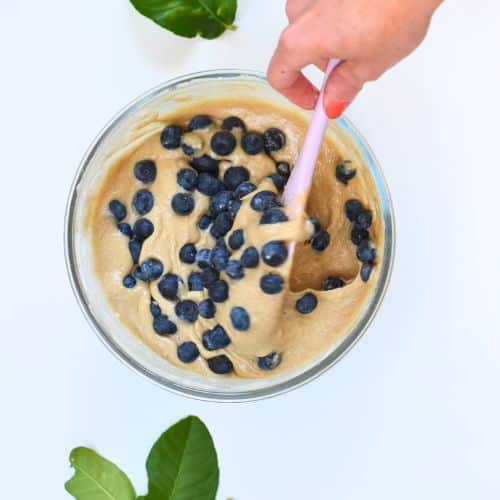 Incorporating blueberries in the Buckwheat Blueberry Muffin batter.