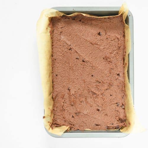 Chickpea Brownie batter in a baking pan.