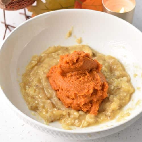 Pumpkin Banana Bread wet ingredients in a bowl.