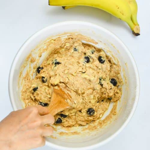 Vegan Banana Blueberry Muffin batter in a bowl.