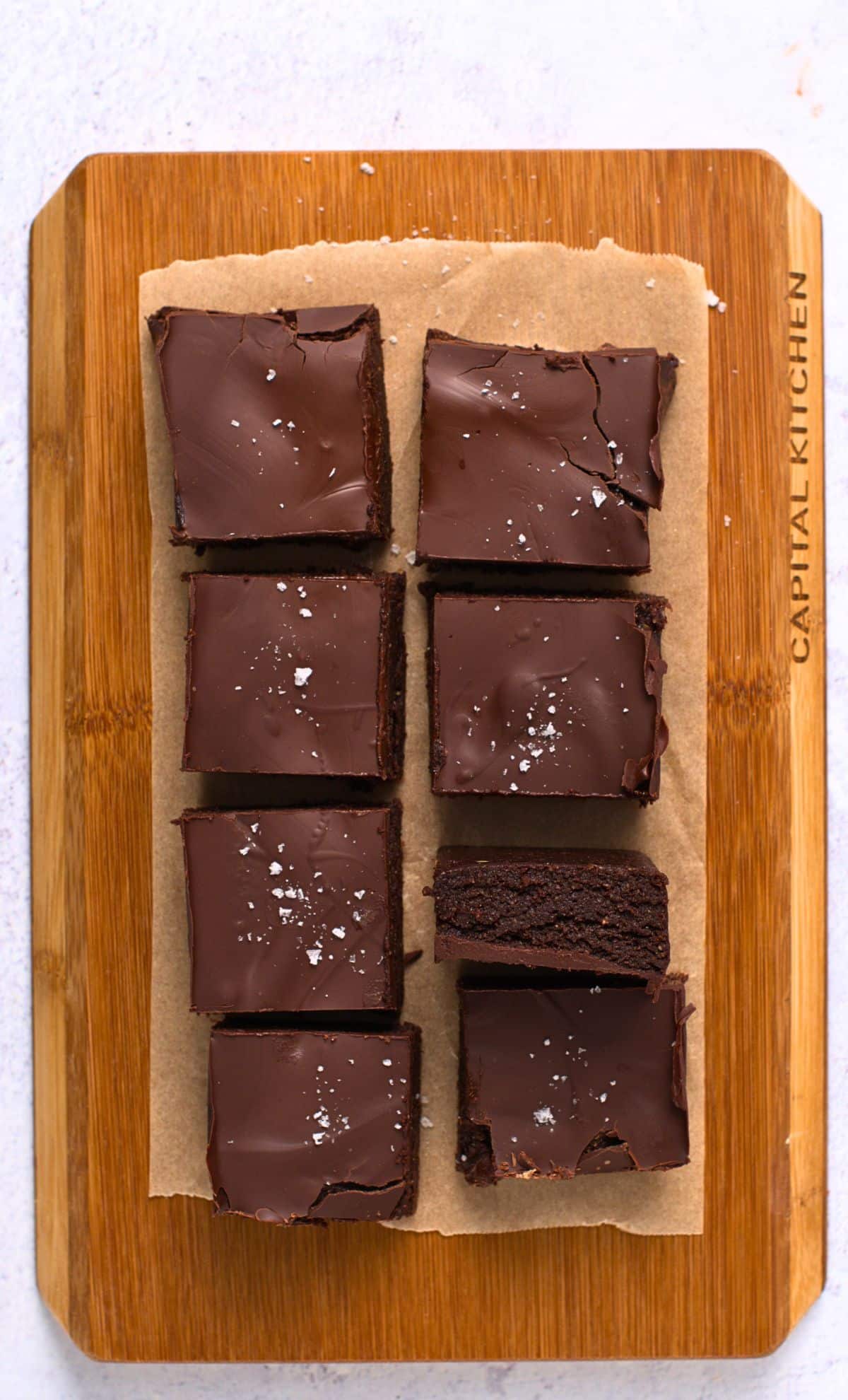 No-Bake Brownies sliced on a chopping board.