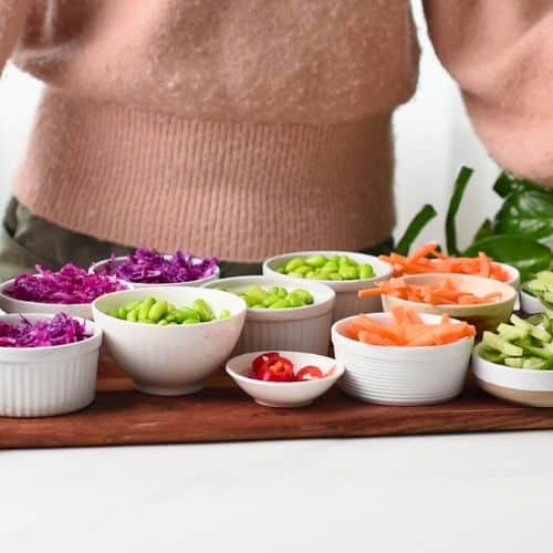 Prepared ingredients for the Vegan Soba Noodle Salad in several ramekins.