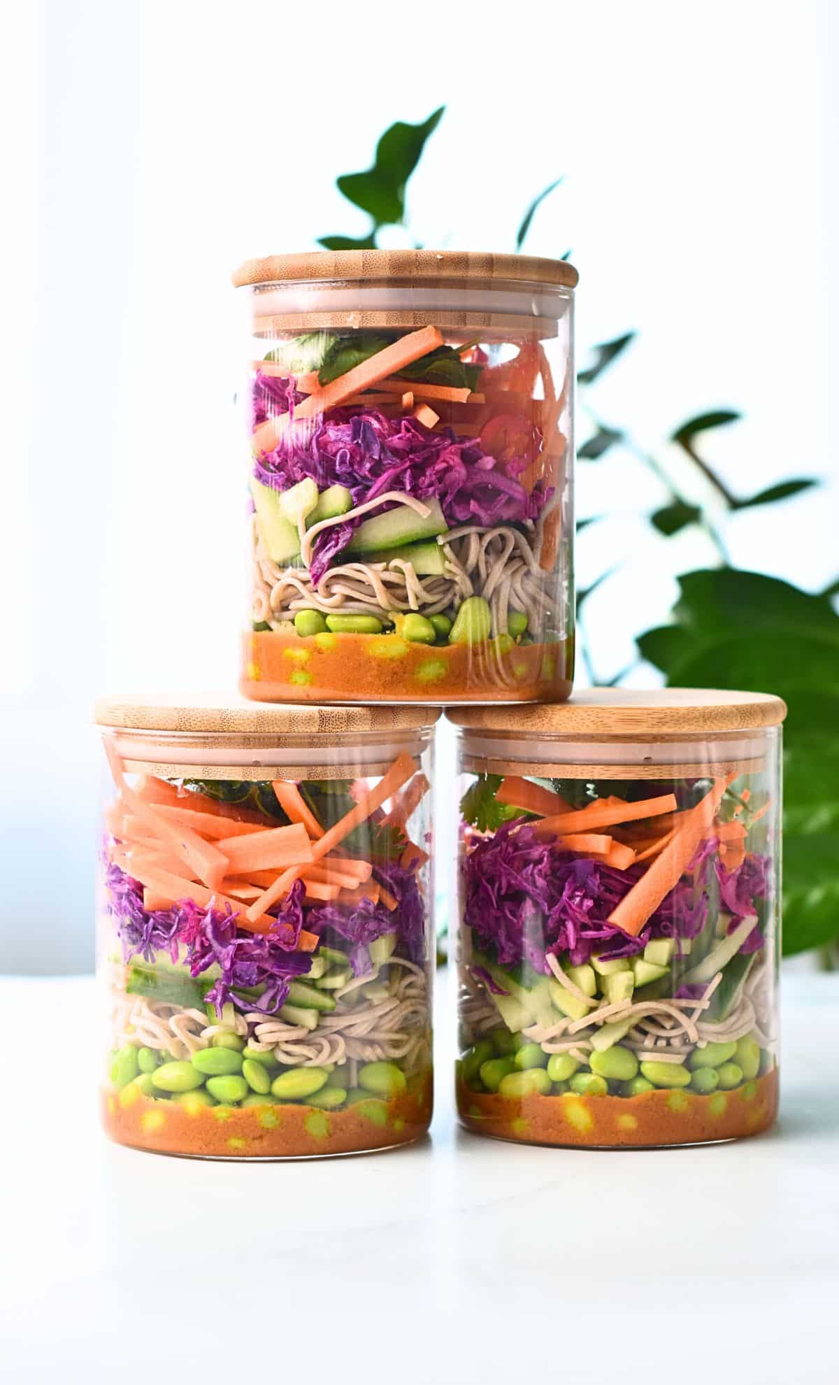 Stacked Vegan Soba Noodle Salad jars
