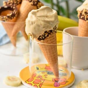Banana Peanut Butter Ice Cream in a waffle cone