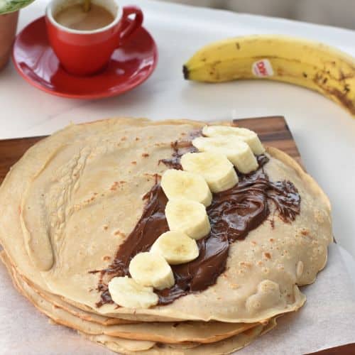 Banana and chocolate on a banana crepe.