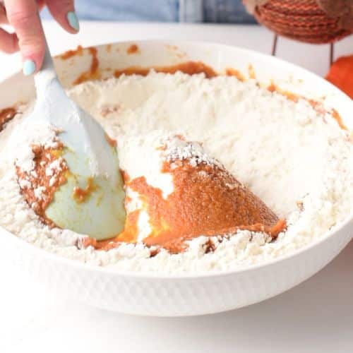 Adding flour tot the 5-Ingredient Pumpkin Bread ingredients.