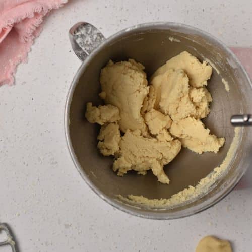 3-Ingredient Sugar Cookie dough in a stand mixer.