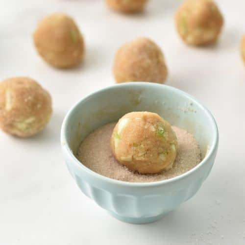 Rolling Apple Bites in cinnamon sugar.