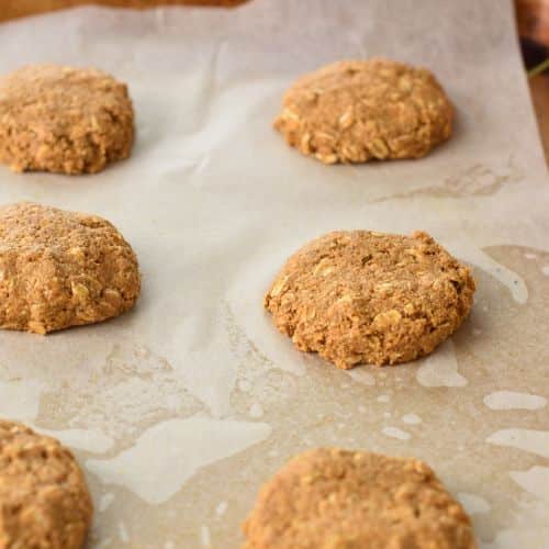 Healthy Pumpkin Oatmeal Cookies ready to bake on a baking sheet.