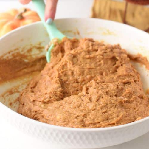 Pumpkin Banana Cake batter in a mixing bowl.