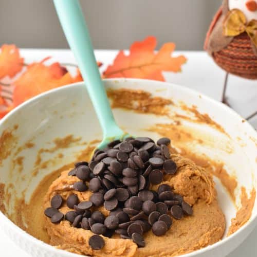 Adding chocolate chips to the Pumpkin Blondie dough.