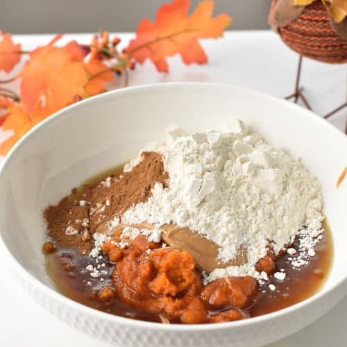 Pumpkin Blondie ingredients in a bowl.