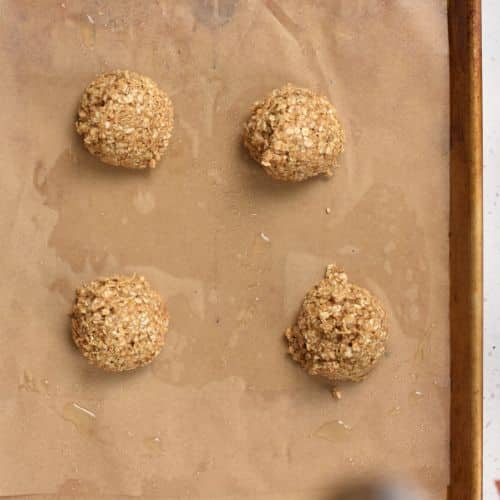 3-Ingredient Oatmeal Cookies dough balls on a baking sheet.