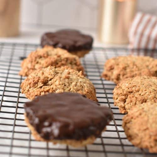 3-Ingredient Oatmeal Cookies cooling down on a wire rack.