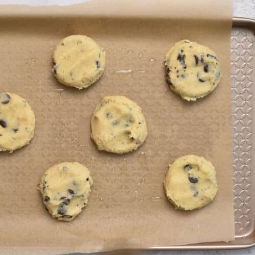 5-Ingredient Chocolate Chip Cookies on a baking sheet ready to bake.