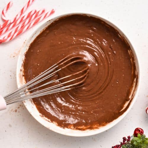 Mixed Chocolate Peppermint Cake in a mixing bowl.