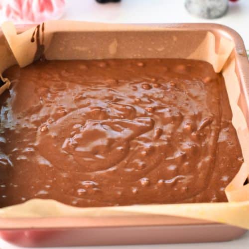 Chocolate Peppermint Cake batter in a square pan.