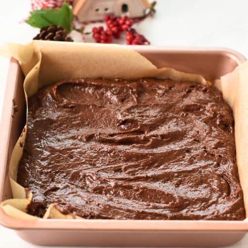 Chocolate Yogurt Cake batter in a pan ready to bake.