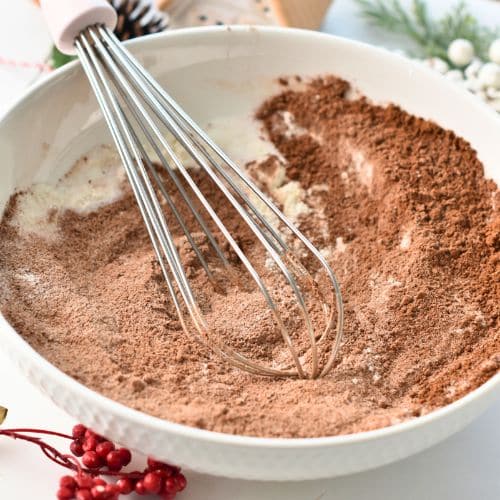 Dry Chocolate Yogurt Cake ingredients in a mixing bowl.