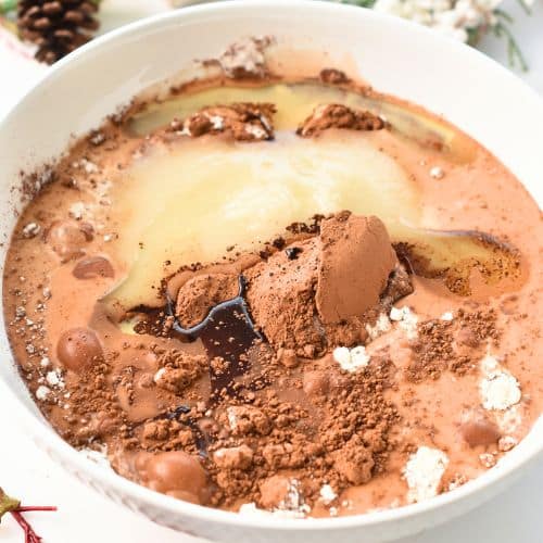 Easy Chocolate Cake ingredients in a mixing bowl.