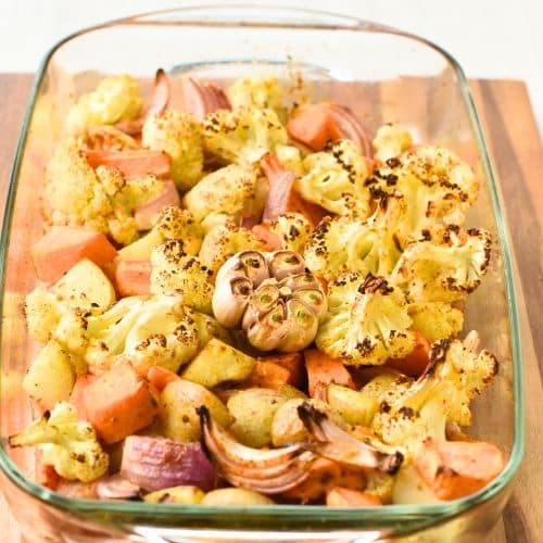 Roasted vegetables for the Easy Vegetable Gratin in a baking dish.