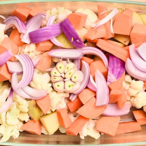 Vegetables for the Easy Vegetable Gratin in a baking dish.