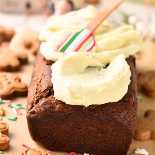 Spreading frosting on Gingerbread Banana Bread