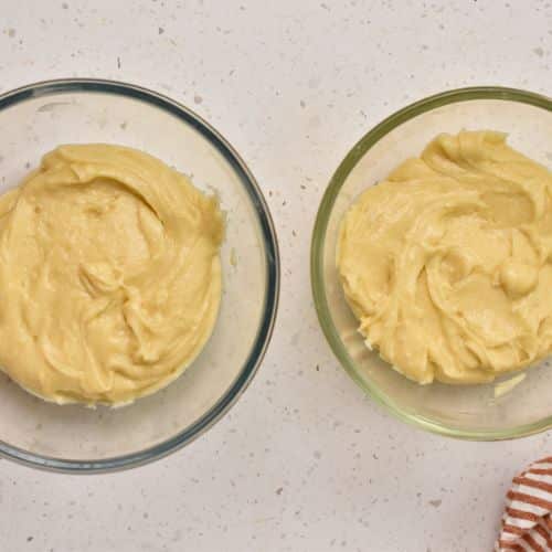 Marble Pound Cake batter split into two bowls.