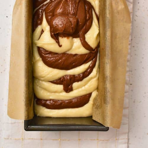 Marble Pound Cake ready to bake.