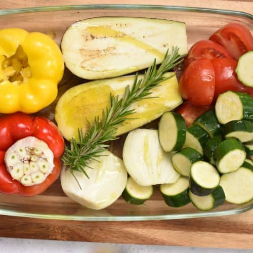 Ratatouille Soup ingredients in a baking dish.