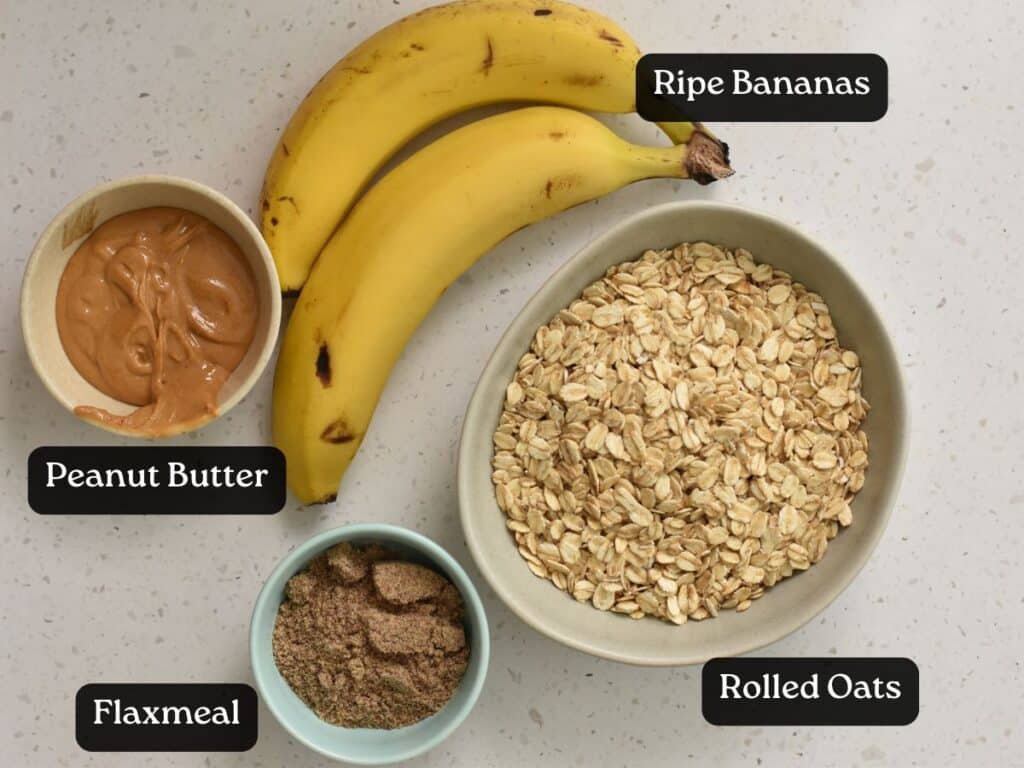 Ingredients for Healthy Breakfast Cookies in bowls and ramekins.