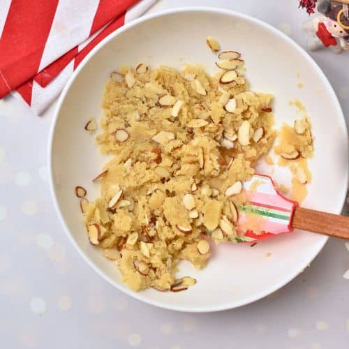 Almond Christmas Cookie dough in a mixing bowl.