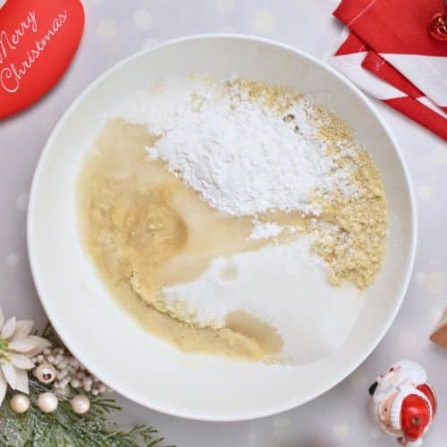 Almond Flour Biscotti dough ingredients in a mixing bowl.