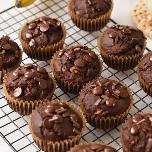 Banana Chocolate Muffins cooling on a wire rack.