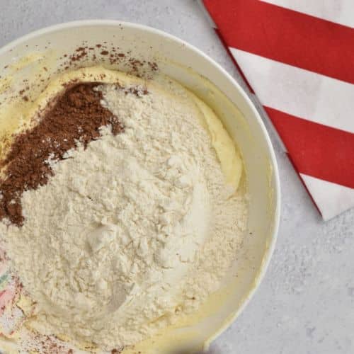 Adding flour and cocoa powder to the sugar butter mixture.