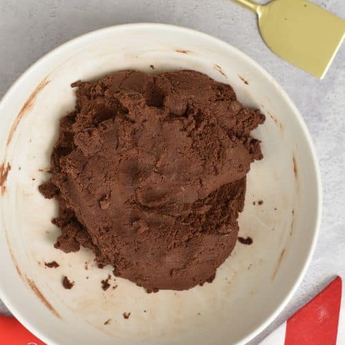 Chocolate Shortbread Cookie dough in a mixing bowl.