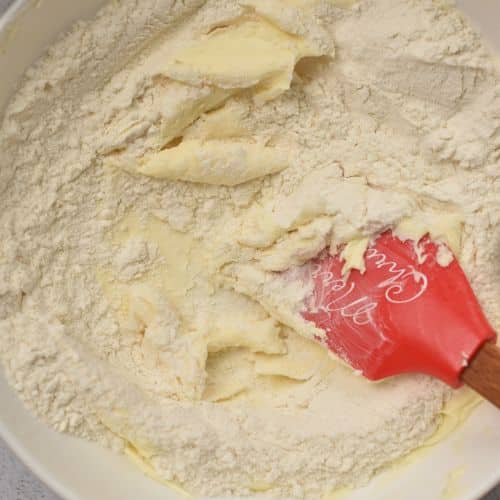 Adding flour to the butter sugar mixture.