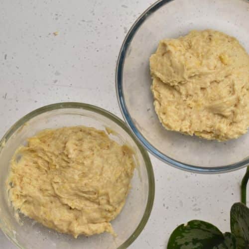 Cinnamon Banana Bread batter split into two bowls.