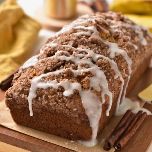 Baked Cinnamon Banana Bread with a drizzle of icing.