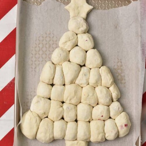 Pull Apart Christmas Tree Bread ready to bake on a baking sheet.