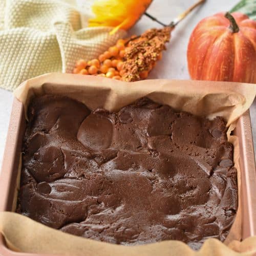 Sweet Potato Brownies ready to bake in a square pan.