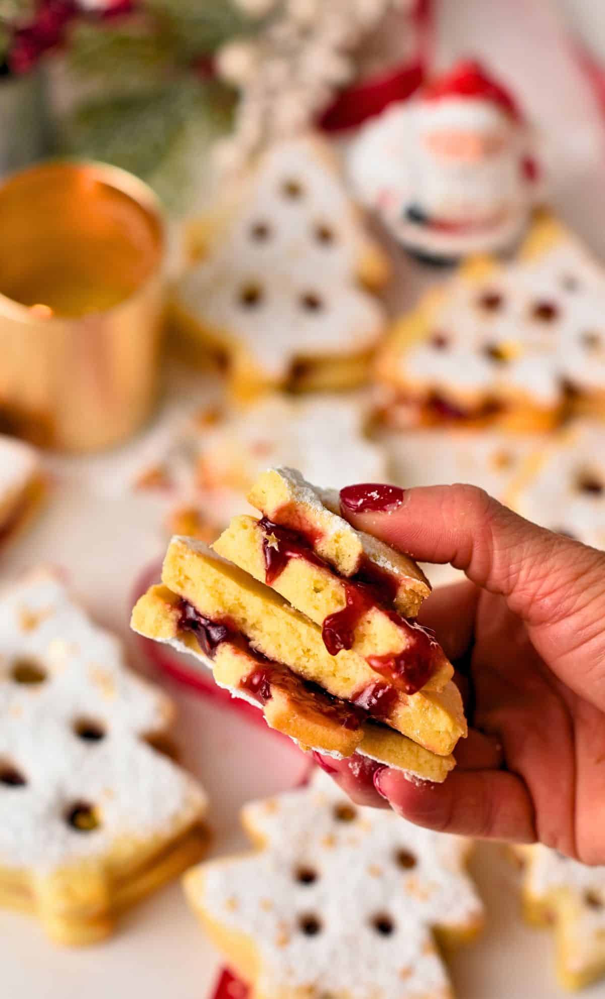 Jam Sandwich Cookies cut in half in my hand.