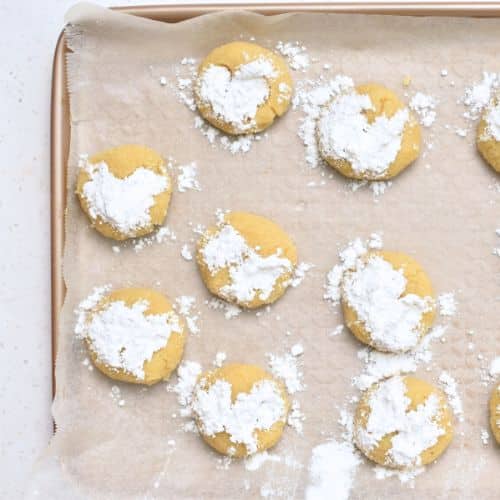 Almond Cloud Cookies on a baking sheet ready to bake.