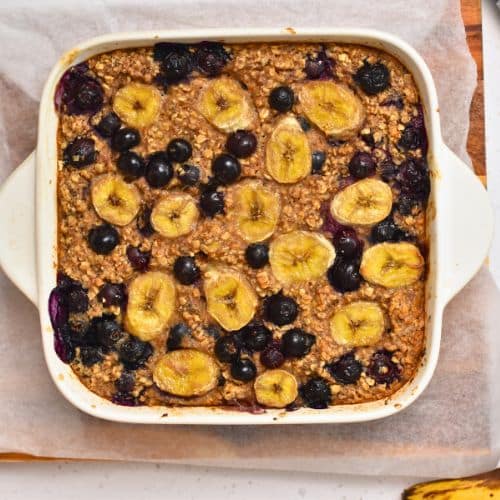 Baked Banana Blueberry Oatmeal in its pan.