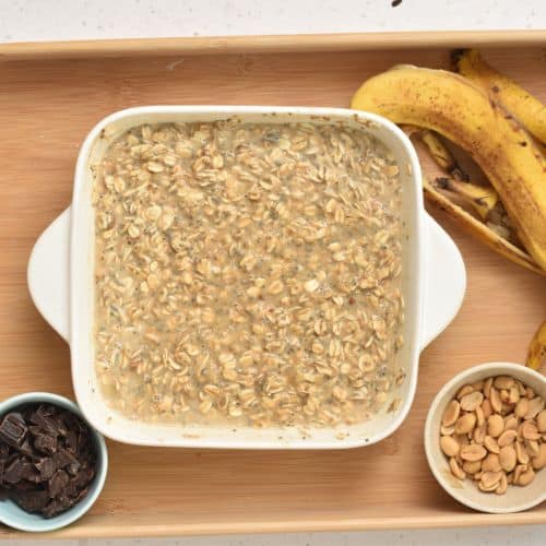 Baked Oatmeal batter in a square pan.