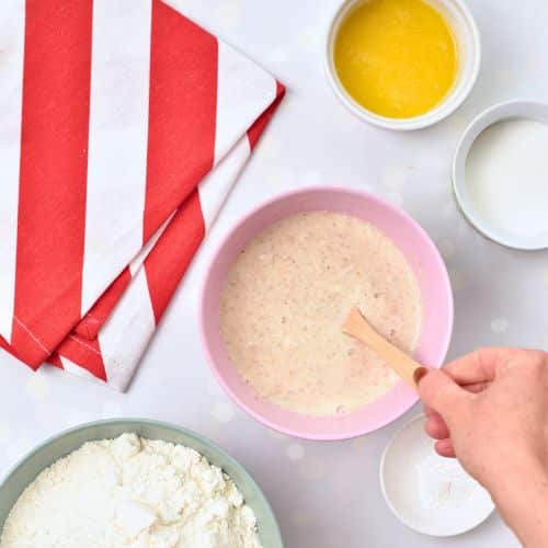 Mixing the yeast mixture for the Chocolate Cinnamon Rolls