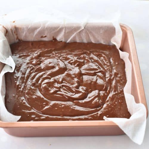 Chocolate Coconut Cake in a pan ready to bake.